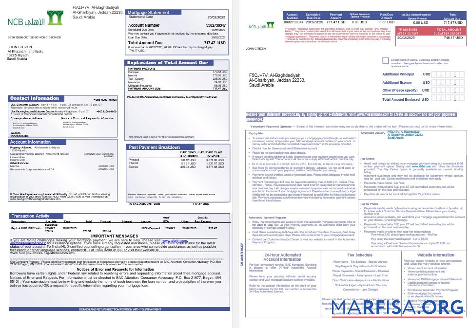 Blank Saudi Arabia NCB bank mortgage statement in Word and PDF formats 1 2 real example